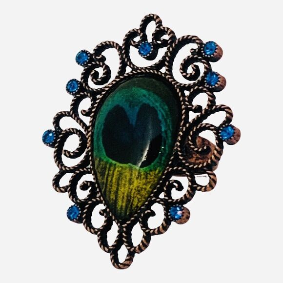 Betsey Johnson Peacock Ring Sz 7 Feather Big Statement Vegetable Garden Morocco - Picture 1 of 15